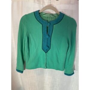 Vintage 1960s‎ Small Cardigan Jacket Knit Seafoam Green Teal Boucle Trim GUC
